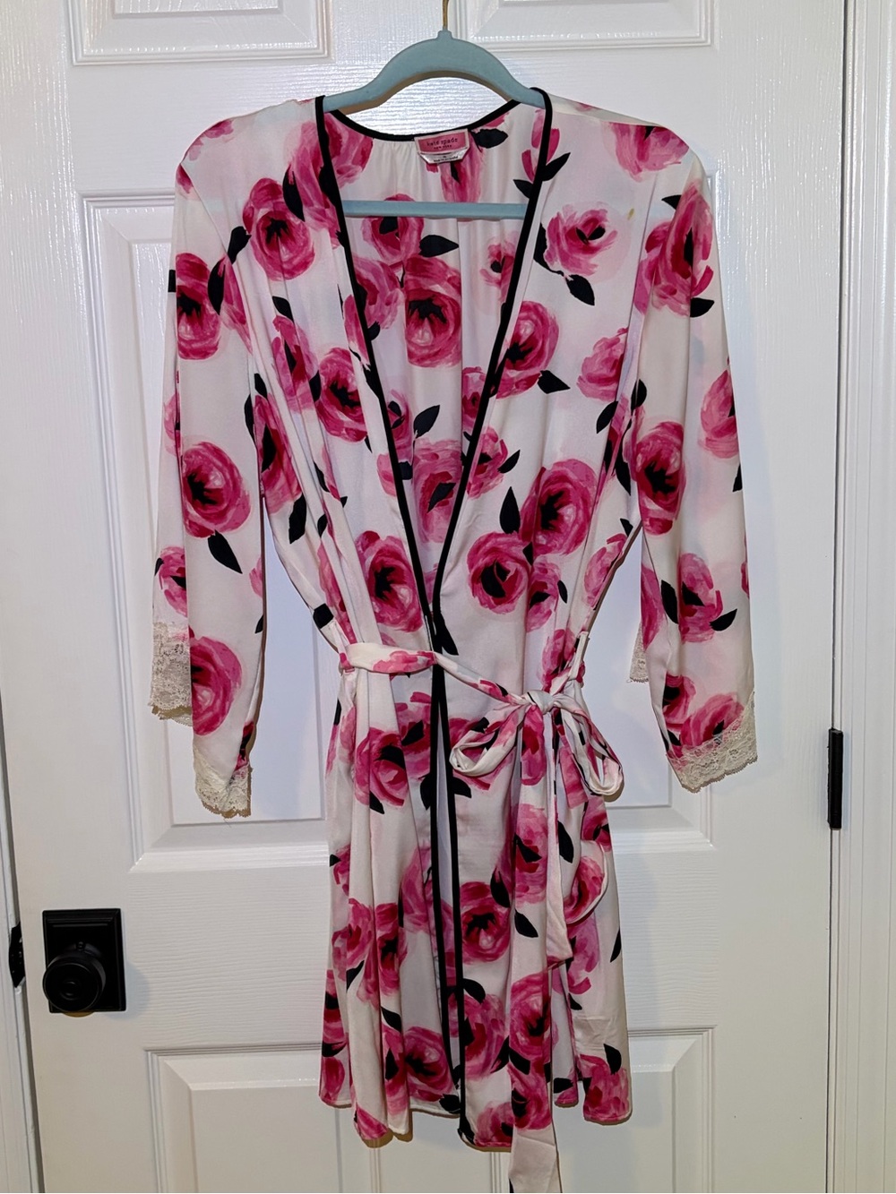 Kate Spade Vibrant Floral Pink Satiny Robe with Lace Trim - size Medium